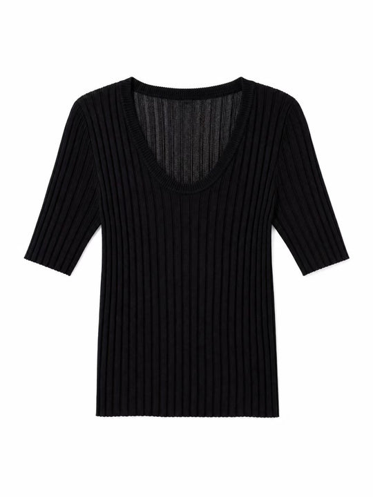Damen Geripptes Feinstrickshirt mit tiefem U-Ausschnitt und halblangen Ärmeln Nord Taschen