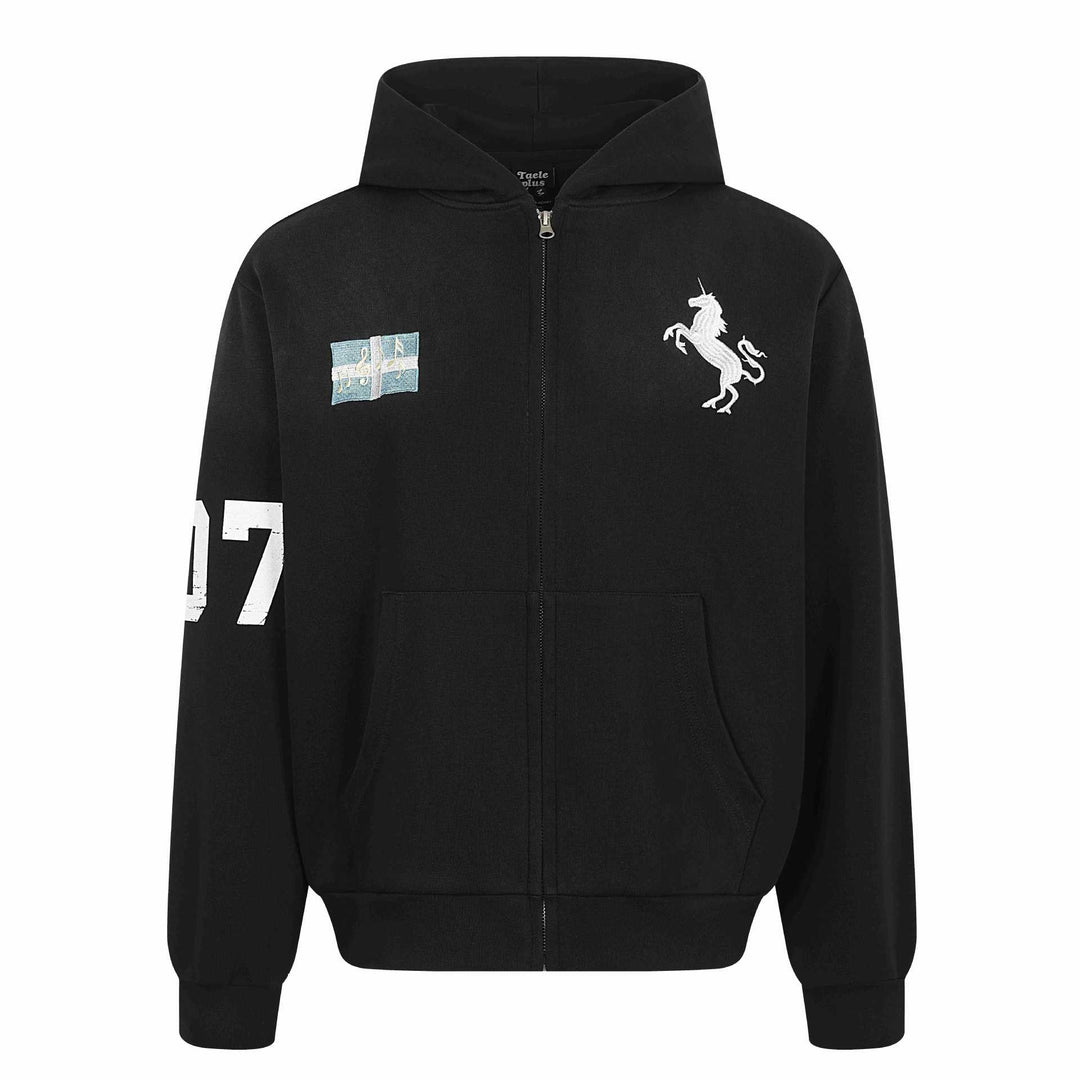 Damen Zip-Hoodie mit gesticktem Einhorn-Motiv und Musikpatch Nord Taschen