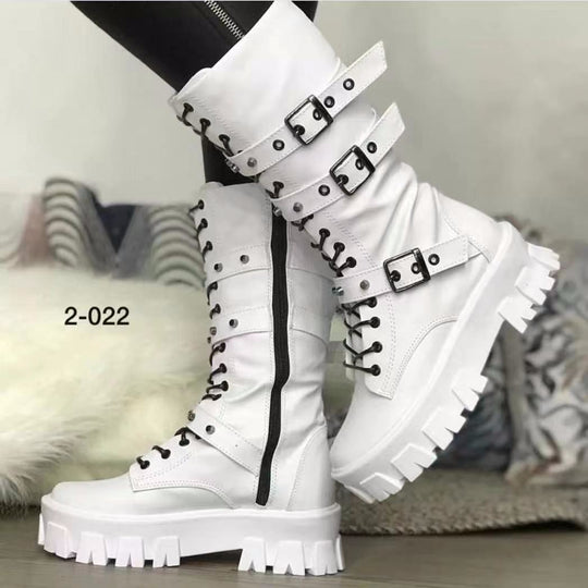Damen Plateau-Bikerstiefel mit grober Profilsohle, Schnürung, Reißverschluss und verstellbaren Zierschnallen Nord Taschen