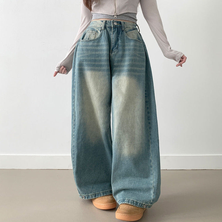 Damen Weite High-Waist Denim-Hose mit Faltenwurf