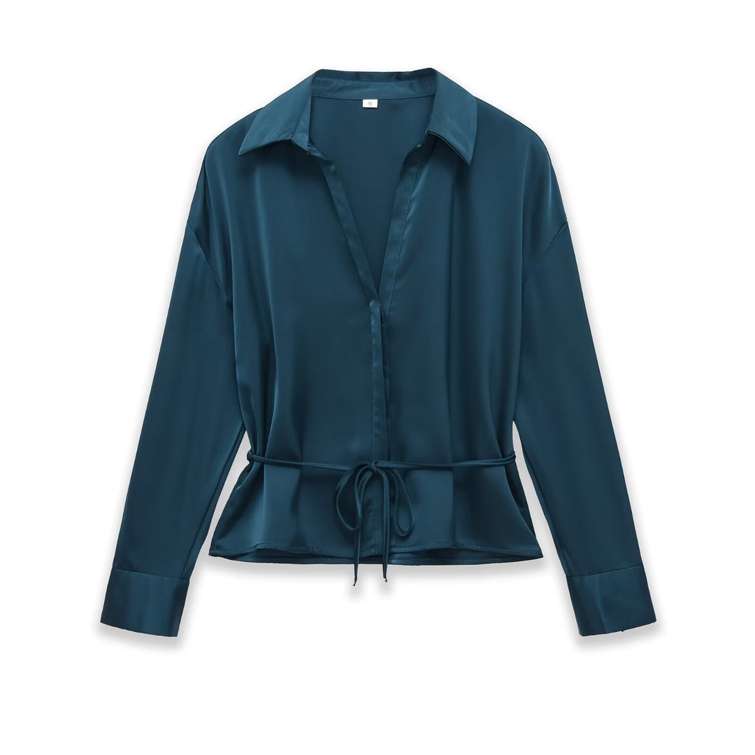 Damen Seidiges Hemdblusen-Shirt mit Bindegürtel und Schößchen Nord Taschen