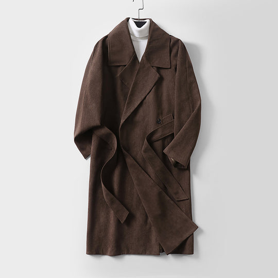 Herren Langer Wollmantel mit Bindegürtel und breitem Revers Nord Taschen