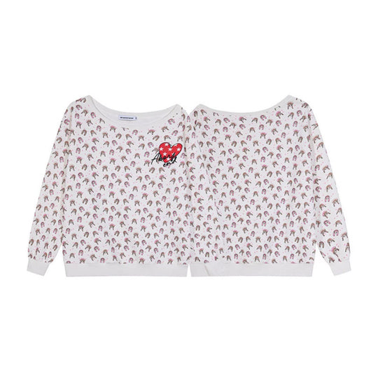Damen Sweatshirt mit Allover-Cartoonprint, weitem Rundhalsausschnitt und Herz-Patch Nord Taschen