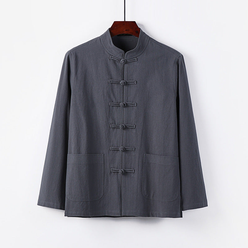 Herren traditionelle Tang-Jacke mit Stehkragen und Knotenknöpfen aus Leinenmischung Nord Taschen