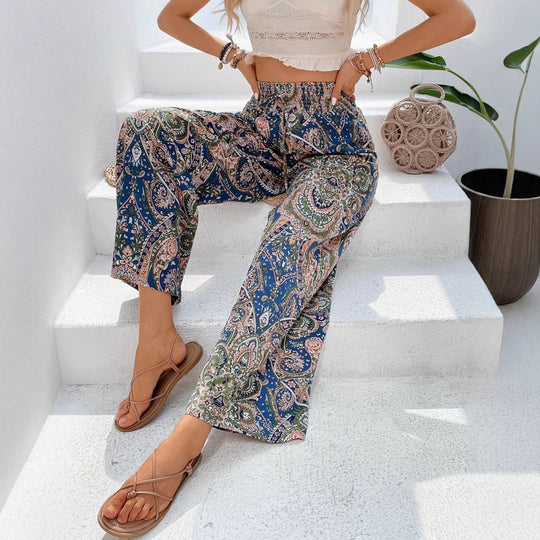 Damen Weite Sommerhose in Leinenoptik mit elastischem Bund und Paisley‑Print Nord Taschen