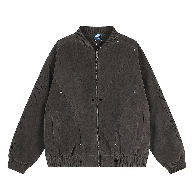 Damen Oversize-Bomberjacke im Velours-Look mit Script-Ärmeln und Metallnieten Nord Taschen