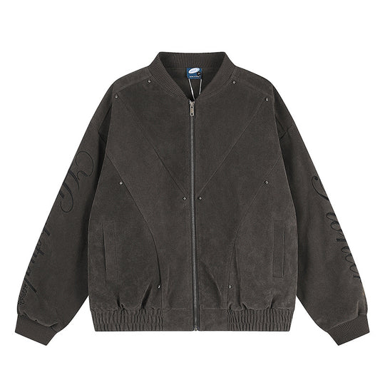 Damen Oversize-Bomberjacke im Velours-Look mit Script-Ärmeln und Metallnieten Nord Taschen