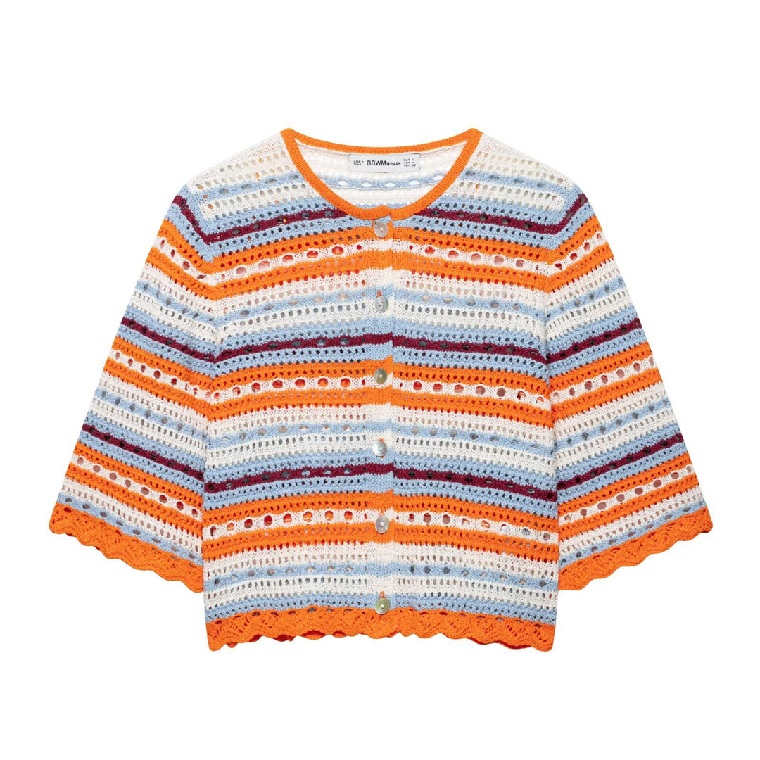 Damen Häkel-Cardigan Kurzarm mit Knopfleiste und Streifenstruktur Nord Taschen