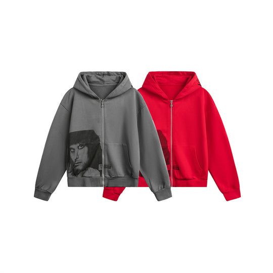 Unisex Kapuzen-Zipjacke im Boxy‑Cut mit großflächigem Portrait-Print Nord Taschen
