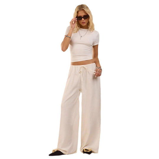 Damen Weite Relax-Hose aus Viskose-Leinen-Mix mit Elastikbund und Kordel Nord Taschen