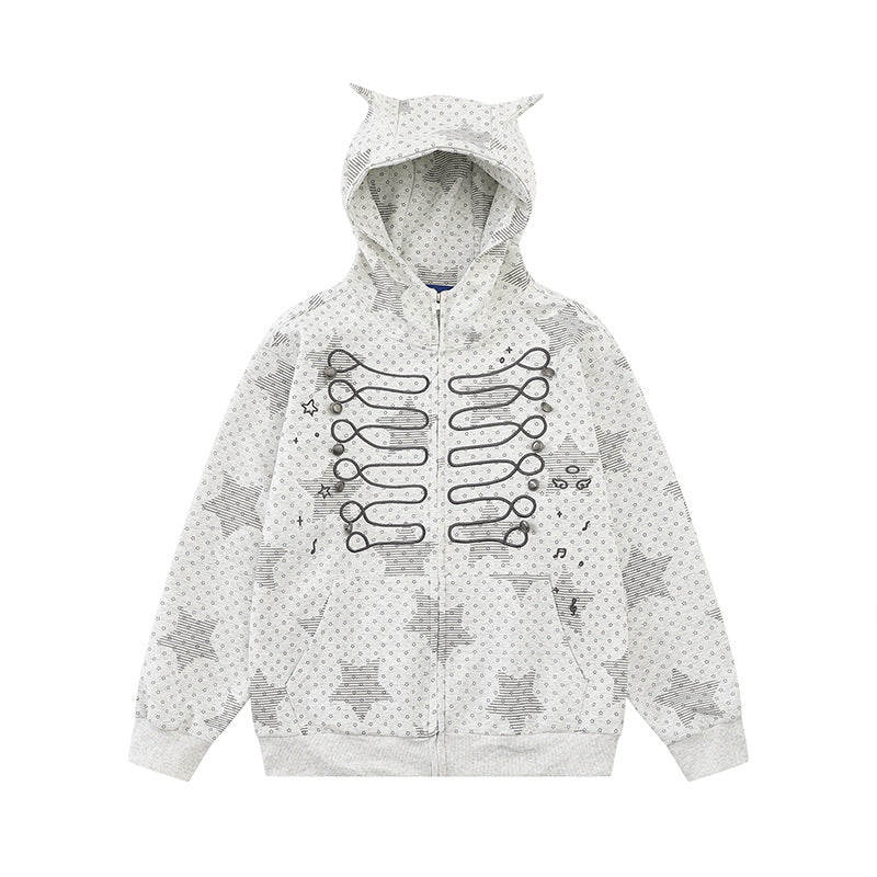 Damen Kapuzen‑Sweatjacke mit 3D‑Ohrenapplikationen, durchgehendem Reißverschluss und verspieltem Militär‑Illustrationsprint Nord Taschen
