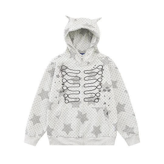 Damen Kapuzen‑Sweatjacke mit 3D‑Ohrenapplikationen, durchgehendem Reißverschluss und verspieltem Militär‑Illustrationsprint Nord Taschen