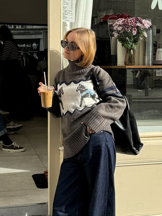 Damen Oversize-Rollkragenpullover mit Norweger-Intarsien und gerippten Bündchen Nord Taschen