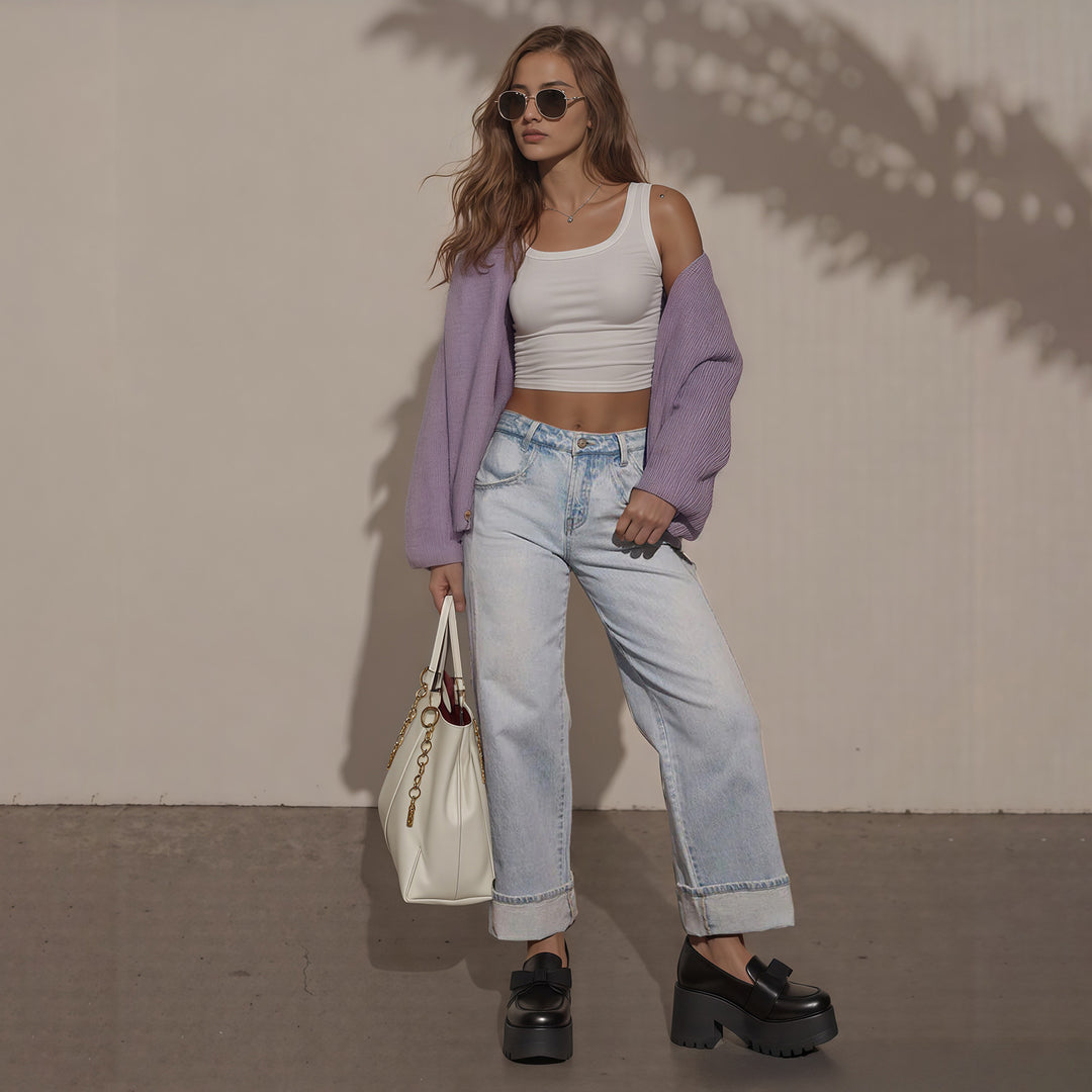 Damen Hochtaillierte weite Jeans mit extra breitem Umschlag Nord Taschen