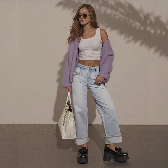 Damen Hochtaillierte weite Jeans mit extra breitem Umschlag Nord Taschen