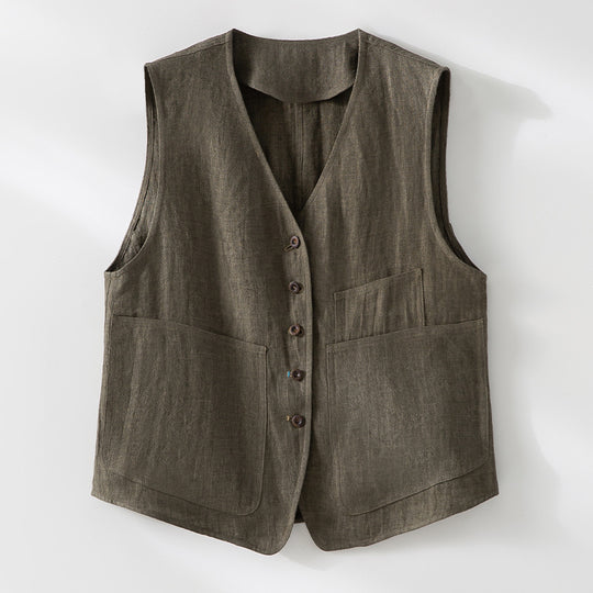 Damen Leichte Leinenweste im Utility-Look mit V-Ausschnitt und großen Aufgesetzten Taschen Nord Taschen