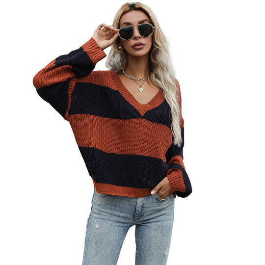 Damen Gestreifter Oversize V‑Ausschnitt Pullover im Grobstrick Nord Taschen