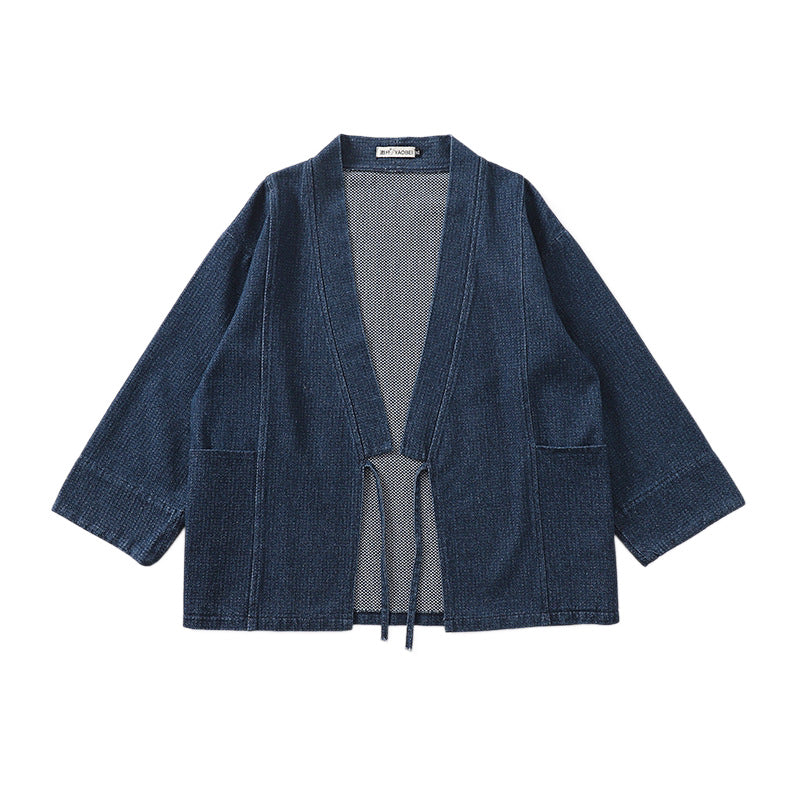 Unisex Jeans-Kimono-Jacke mit Bindegürtel und aufgesetzten Taschen Nord Taschen