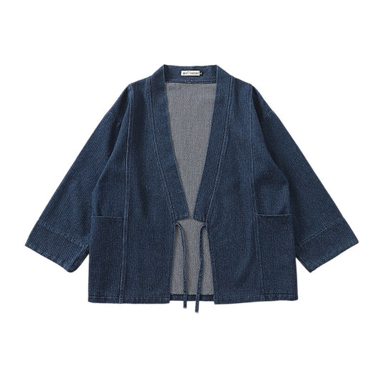 Unisex Jeans-Kimono-Jacke mit Bindegürtel und aufgesetzten Taschen Nord Taschen