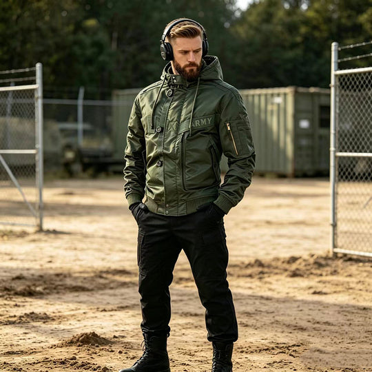 Herren Militärinspirierte Kapuzen-Bomberjacke mit Utility-Taschen Nord Taschen