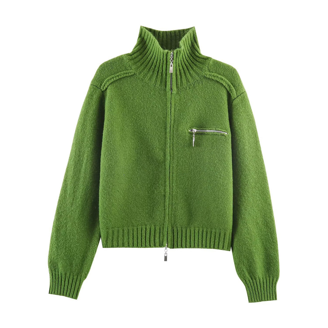 Damen Grobgestrickte Reißverschluss‑Strickjacke mit hohem Rippkragen und Brusttasche Nord Taschen