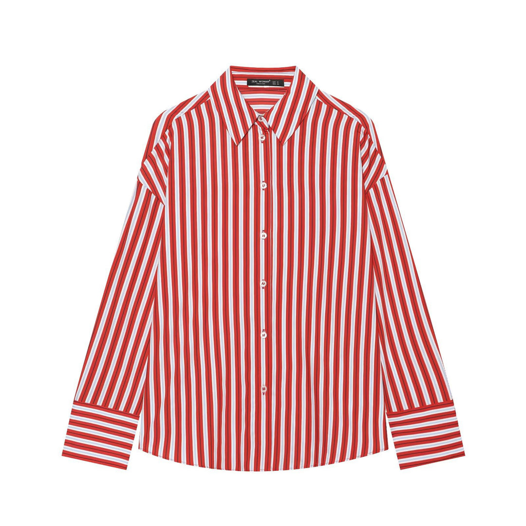 Damen Oversize-gestreifte Hemdbluse mit Kentkragen und durchgehender Knopfleiste Nord Taschen