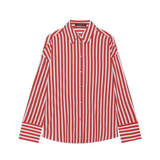 Damen Oversize-gestreifte Hemdbluse mit Kentkragen und durchgehender Knopfleiste Nord Taschen