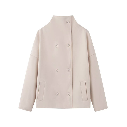 Damen Boxy Wolljacke im Cocoon‑Schnitt mit Stehkragen und doppeltreiher Knopfleiste Nord Taschen