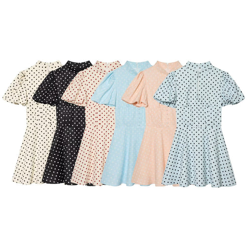 Damen Gepunktetes A‑Linien‑Kleid mit Stehkragen, Taillierung und Ballonärmeln Nord Taschen