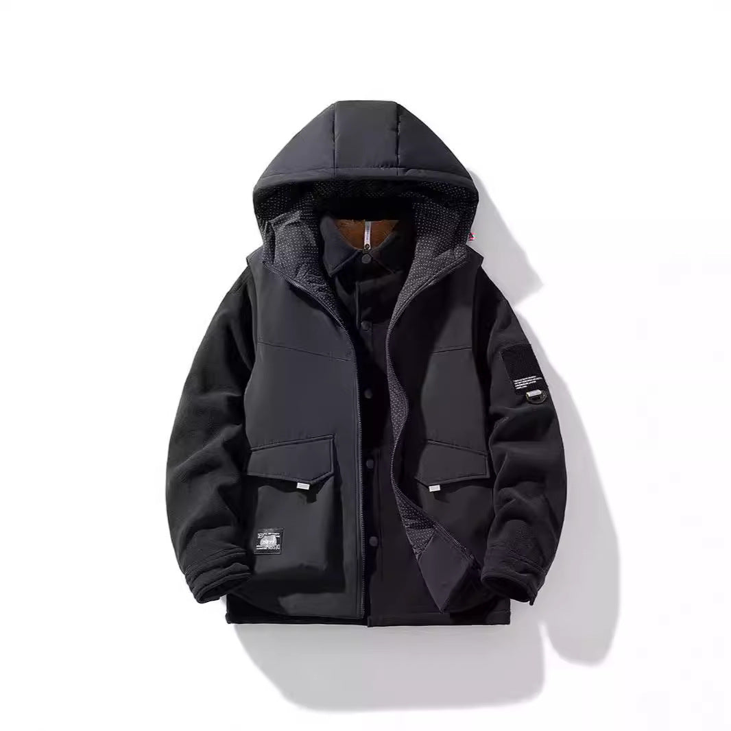 Herren Hybrid-Steppjacke mit Kapuze und Fleece-Ärmeln, Utility-Parka Nord Taschen
