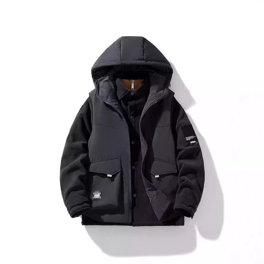 Herren Hybrid-Steppjacke mit Kapuze und Fleece-Ärmeln, Utility-Parka Nord Taschen