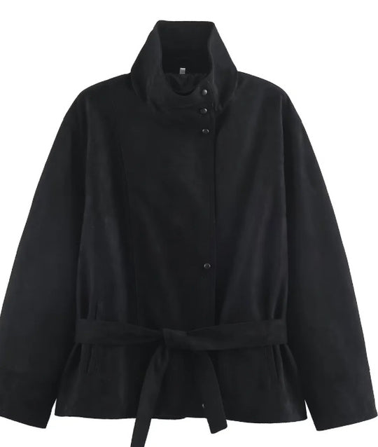 Damen Veloursleder-Optikjacke mit hohem Stehkragen und Taillengürtel Nord Taschen