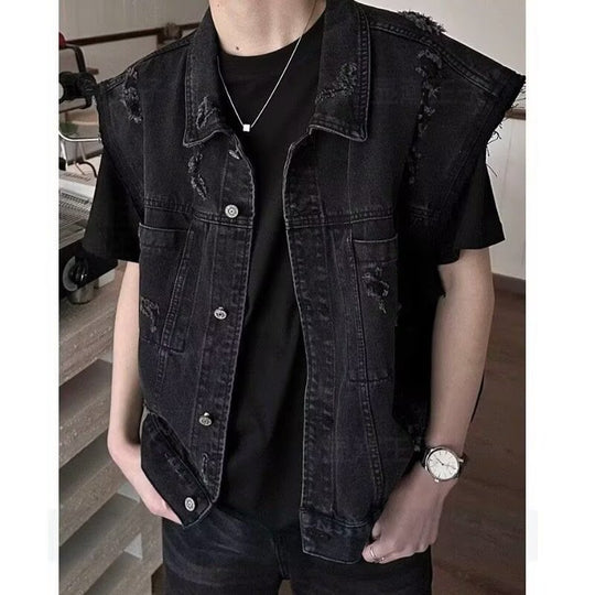 Herren Denim-Weste im Vintage-Used-Look mit Destroyed-Taschen und kastiger Passform Nord Taschen
