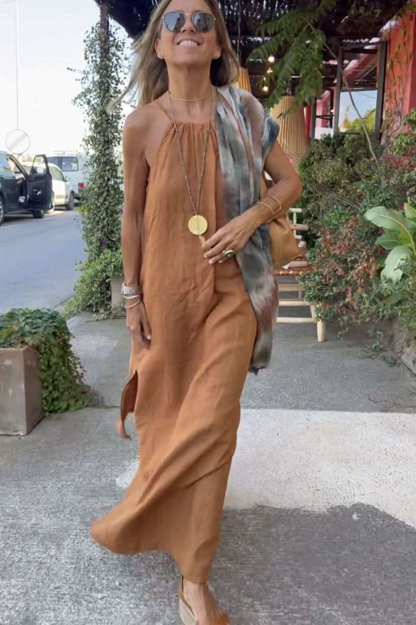 Damen Langes Leinenkleid mit schulterfreier Trägerkonstruktion und flirtendem Schlitz