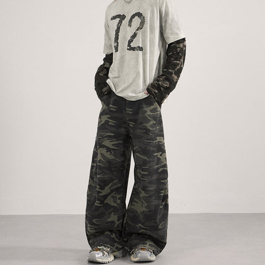 Herren Weite Camouflage-Baggy-Hose mit niedriger Bundlinie und Knie-Patchtaschen Nord Taschen