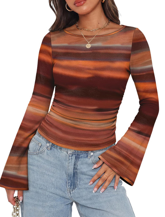 Damen Geripptes Langarmshirt mit Raffung, Trompetenärmeln und Kontrastbesatz Nord Taschen
