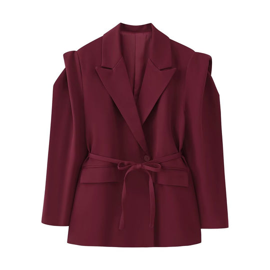 Damen Schulterfreier Blazer mit Taillengürtel und Pattentaschen Nord Taschen