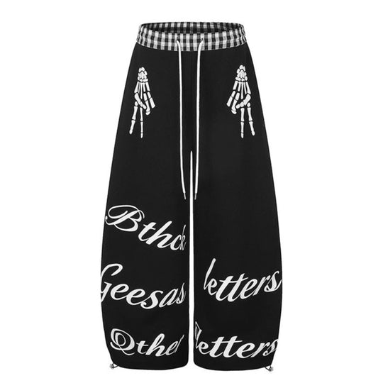 Damen Extraweite Palazzo-Sweathose mit Karo-Komfortbund, Tunnelzug und Skelett-Print Nord Taschen