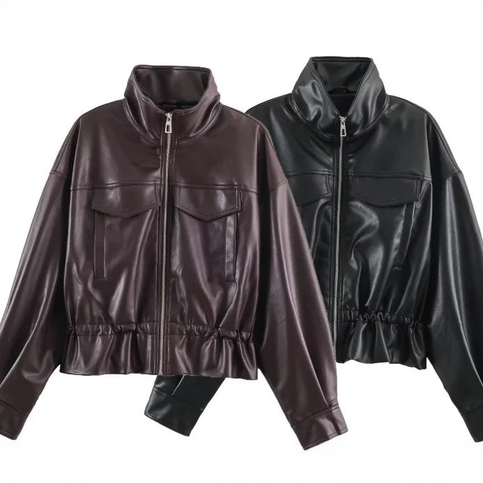 Damen Cropped Kunstleder‑Blouson mit Stehkragen, Pattentaschen und Tunnelzugtaillierung Nord Taschen