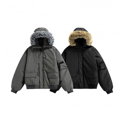 Unisex Wattierte Bomberjacke mit Kunstfellkapuze, geripptem Saum und Utility-Taschen Nord Taschen