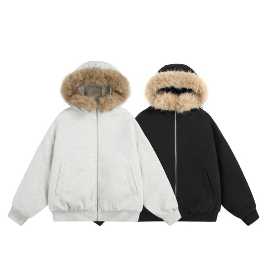 Damen Kurzboxy Kapuzenblouson aus French‑Terry mit voluminöser Kunstfellkante Nord Taschen