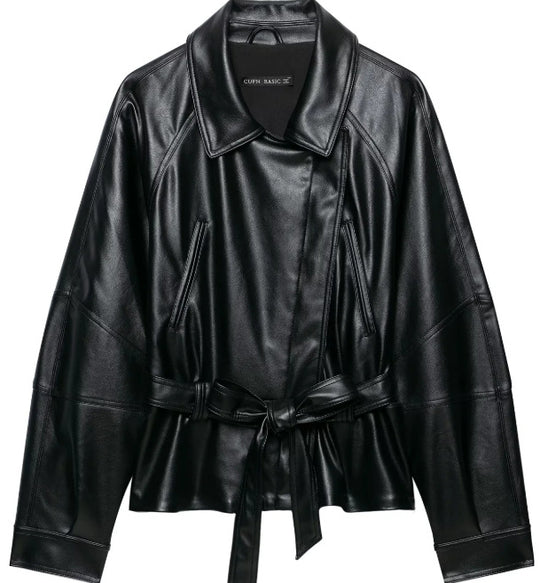 Damen Kurzjacke aus veganem Leder mit Taillengürtel und überschnittenen Schultern Nord Taschen