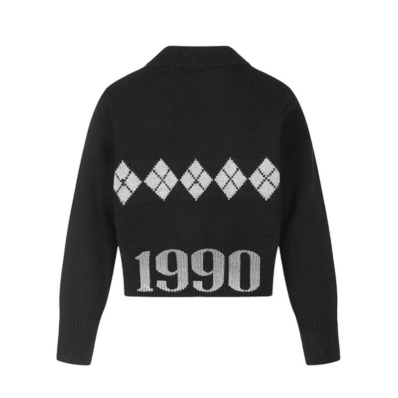 Damen Cropped Strickpullover mit Polokragen, Rippbund und Argyle‑Motiv Nord Taschen