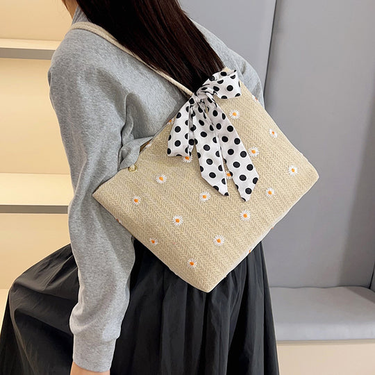 Damen Jute-Shopper mit floralen Stickereien und verspieltem Schleifenakzent Nord Taschen