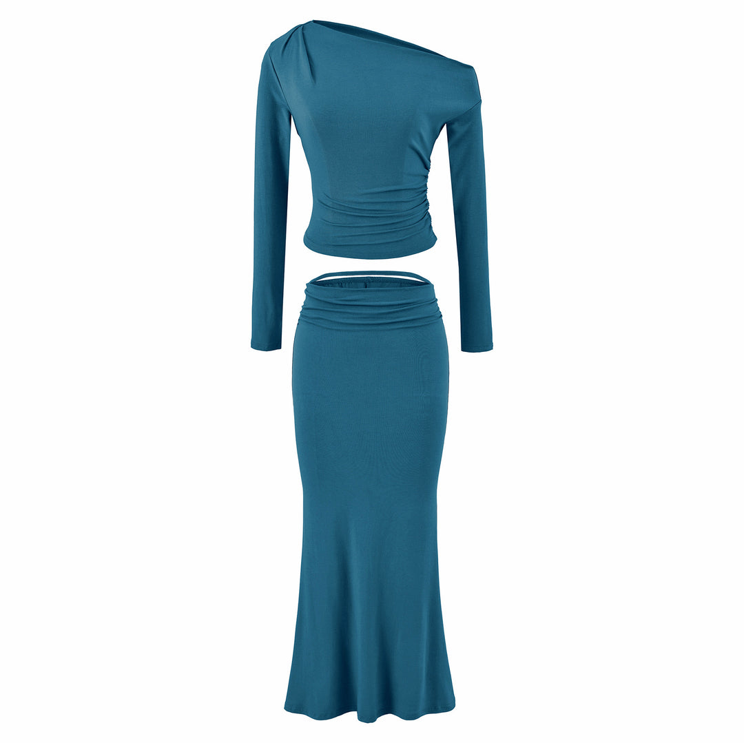 Damen Einschultriges zweiteiliges Set mit gerafftem Crop-Top und tailliertem Maxirock Nord Taschen