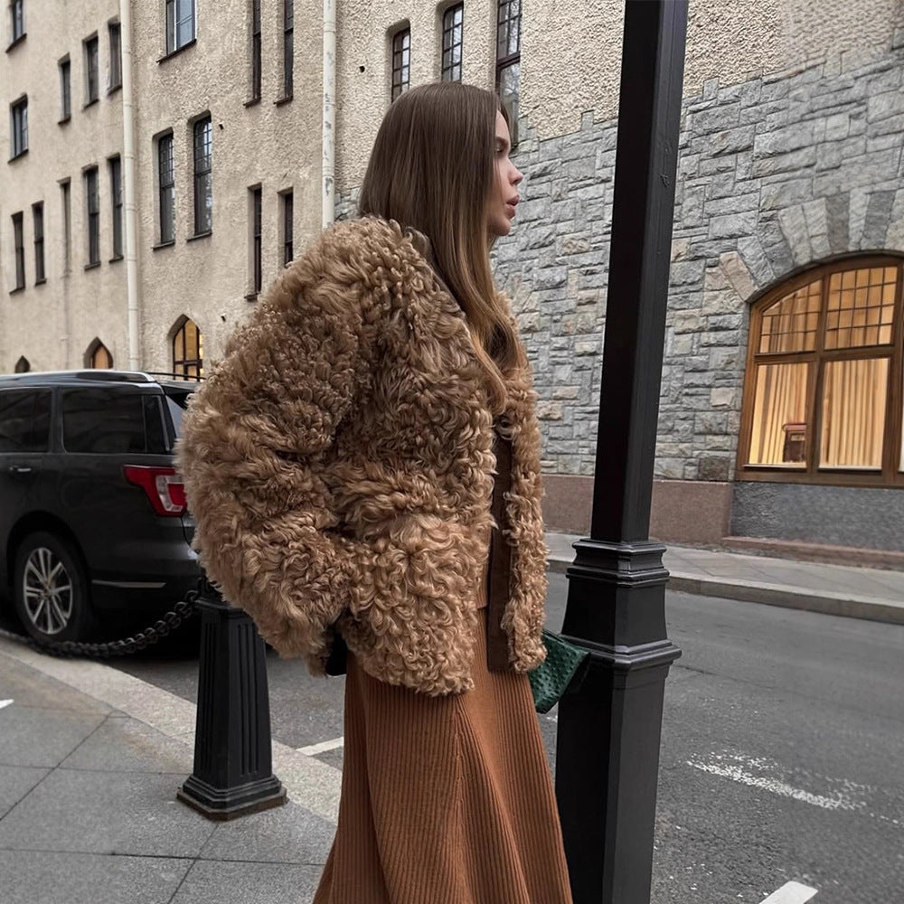 Damen Kurzjacke aus lockigem Teddy-Kunstfell mit Oversize-Schnitt Nord Taschen