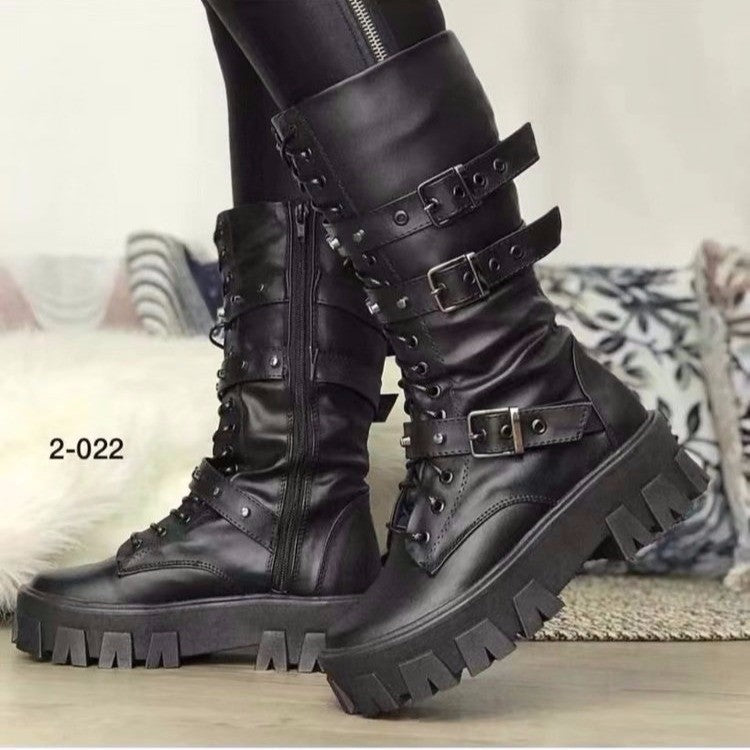 Damen Plateau-Bikerstiefel mit grober Profilsohle, Schnürung, Reißverschluss und verstellbaren Zierschnallen Nord Taschen