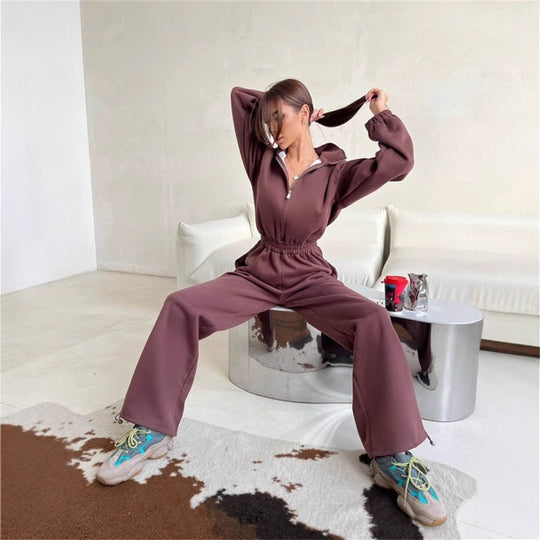 Damen Relaxed-Loungewear-Set mit Halbzip-Stehkragen und hochtaillierter Weitbein-Jogginghose Nord Taschen