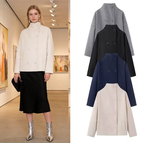 Damen Boxy Wolljacke im Cocoon‑Schnitt mit Stehkragen und doppeltreiher Knopfleiste Nord Taschen