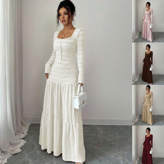 Damen Figurbetontes Rüschen‑Maxikleid mit Quadrat-Ausschnitt und Knopfleiste Nord Taschen
